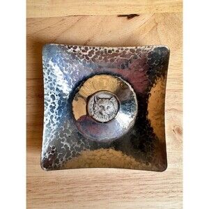 Metal square trinket dish with center cat coin. Key tray, gift for cat lovers.